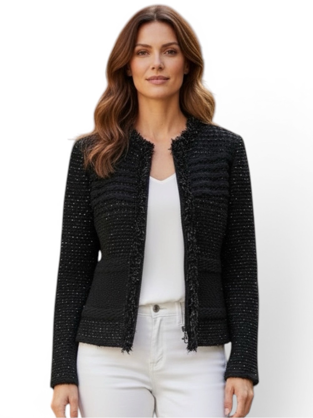 Ann Taylor Elegant Black & Silver Tweed Jacket/Sweater with zipper